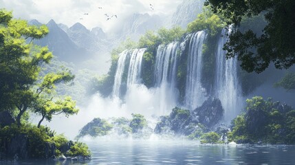 Fototapeta premium Serene waterfall cascading into a tranquil lake, surrounded by lush greenery and misty mountains.