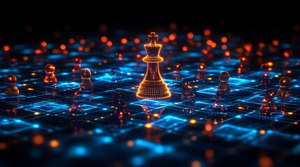 Digital chess king leading glowing pawns.