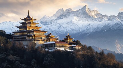 Golden temple complex nestled on a snow-covered hillside with majestic mountains in the background at sunset.
