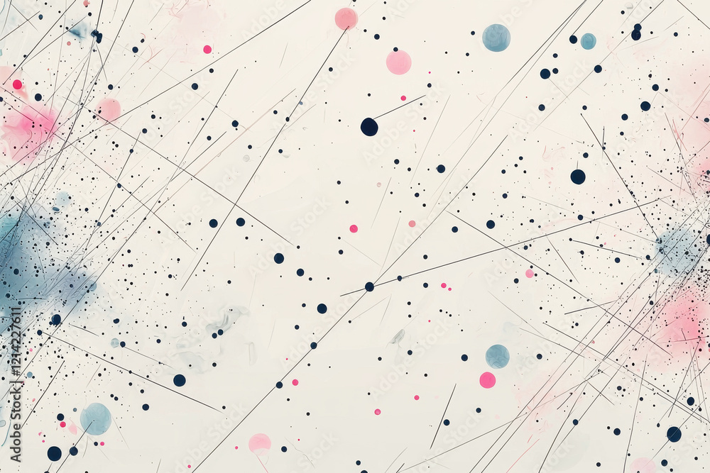 Poster artistic pattern of scattered dots and lines in pastel tones on a pale gray background with a layere
