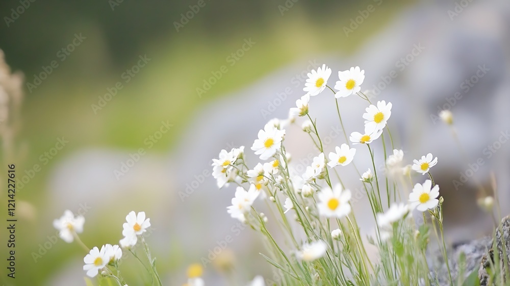 Poster delicate white daisies blooming in a meadow with soft focus background : generative ai