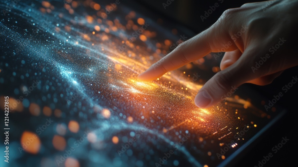 Poster scientist's finger interacts with a futuristic digital interface, exploring a vibrant simulation of 