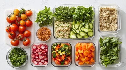 Aerial view of batch cooking with various vegetables neatly arranged in food containers. A vibrant and organized composition promoting healthy eating, meal prep, and sustainable living