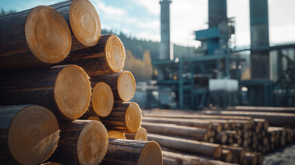 logs stacked in front of sawmill