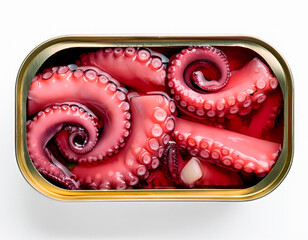 Canned octopus in oil, isolated on white background