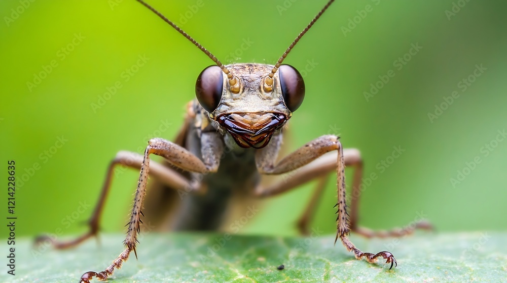 Poster Close Up of a Mantis on Green Leaf Highlighting Intricate Details and Shapes : Generative AI