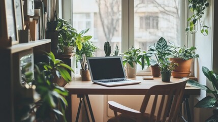 Laptop, plants, home office, window view, work