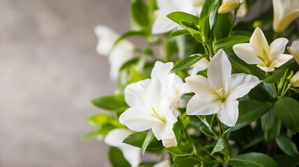 Fototapeta premium White Flowers with Lush Green Foliage on Rustic Background : Generative AI