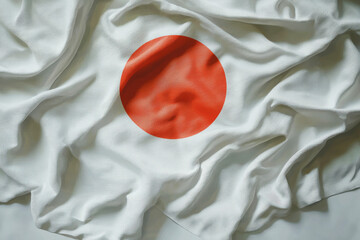 Japanese flag with red circle on textured white fabric against clean background highlighting minimalist design
