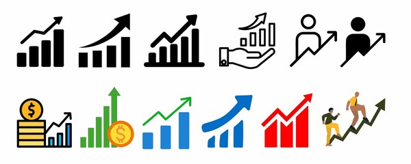 Arrow with graphs bar charts, analytics online investment exchange, finance business economics, business growth icons.