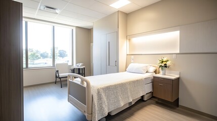 Bright and Minimalistic Hospital Room with Comfortable Bed and Large Window : Generative AI