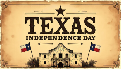 Vintage texas independence day poster featuring historic alamo and state flags