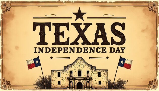 Vintage texas independence day poster featuring historic alamo and state flags