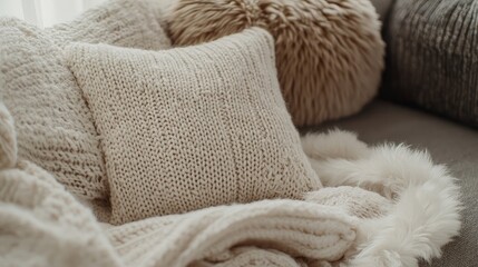 A sweater laid out on a sofa with a fluffy pillow and a blanket.