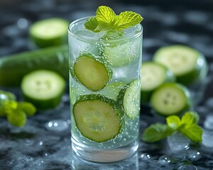 Fototapeta premium Refreshing cucumber mint iced drink in glass.