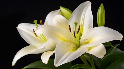 Two Majestic White Lilies with Delicate Petals and Stamen on a Bold Dark Background : Generative AI