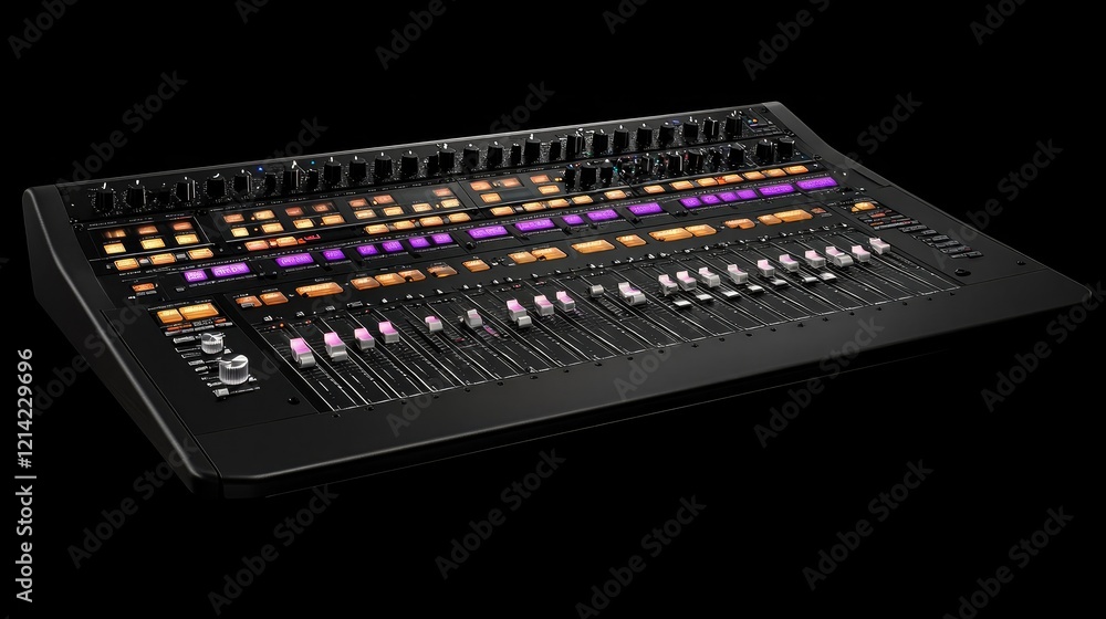 Poster a top-down view of a professional mixing desk with neatly adjusted faders and glowing indicators