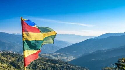 Tattered Colorful Flag at Mountain Landscape with Clear Blue Skies : Generative AI