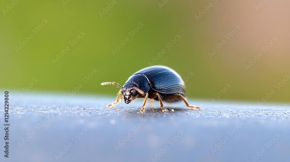 Poster macro photography of black beetle on smooth surface with blurred background : generative ai
