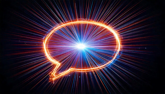 Dynamic neon speech bubble radiating energy, perfect for tech, communication, or social media concepts.