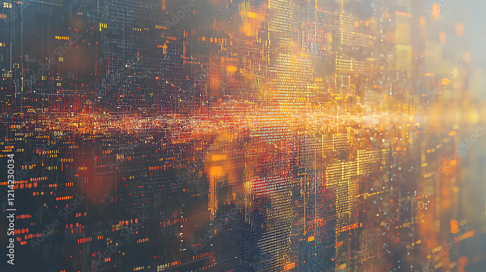Poster abstract digital data stream background. warmtoned, glowing lines and code create a dynamic, futuris