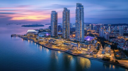 Fototapeta premium Aerial view of modern city skyline at sunset, reflecting on calm water.