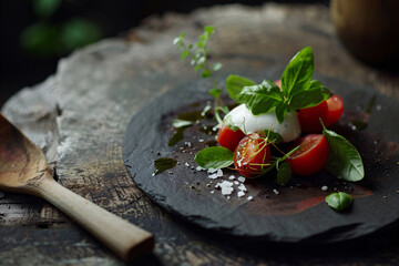 Photo of a plate with caprese salad beautifully served on a matte stone plate, dark and moody, local farm products