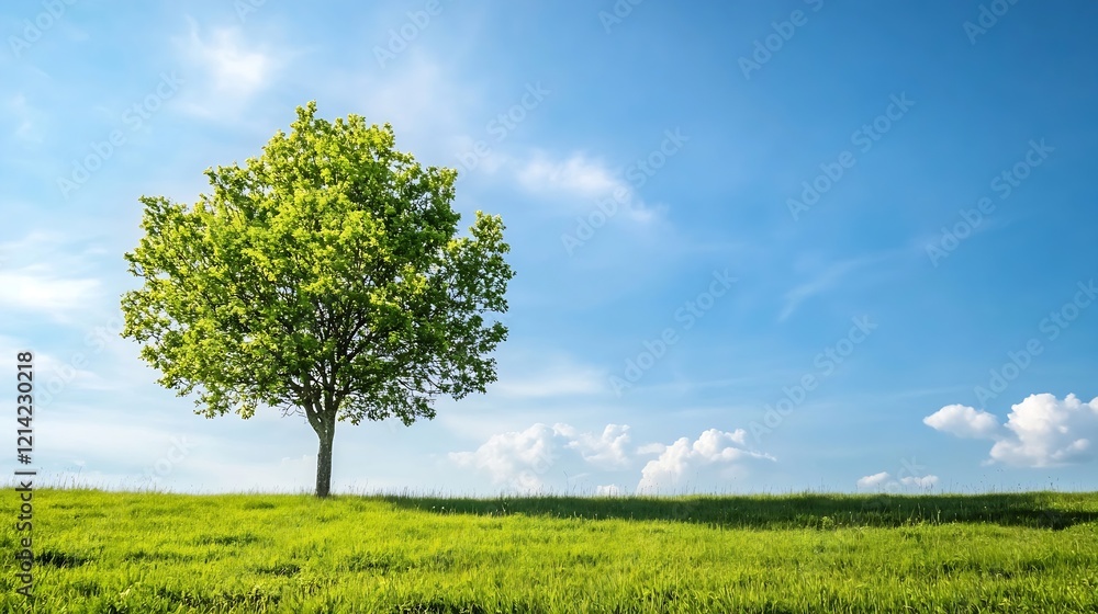 Poster lonely tree in a vast green field under a clear blue sky : generative ai