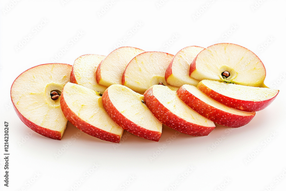 Poster freshly sliced apple wedges arranged in a semi-circle on a clean white background showcasing crisp t