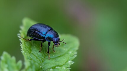 Naklejka premium Detailed Macro Image of a Blue Beetle Resting on a Green Leaf : Generative AI