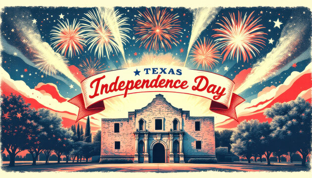 Texas independence day celebration with fireworks at the alamo - vintage poster design