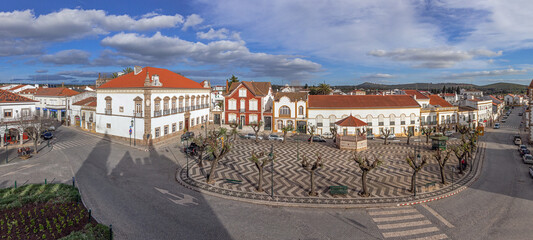 Alter do Chao, Portugal. Largo Barreto Caldeira Square with Alamo Palace in the left, bandstand and typical Portuguese cobblestone pavement