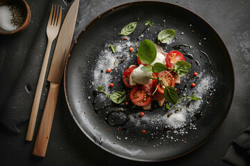 Photo of a plate with caprese salad beautifully served on a matte stone plate, dark and moody, local farm products