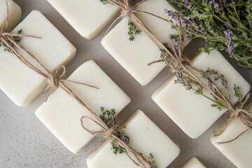 Handmade soap bars tied with twine, next to a small sprig of lavender. Generative AI