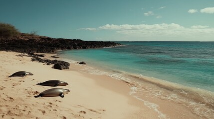 Seals resting on tropical beach, ocean waves, clear sky