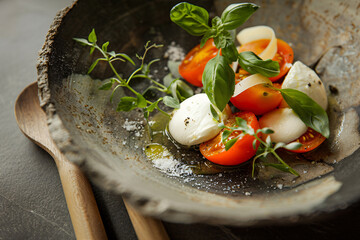 Photo of a plate with caprese salad beautifully served on a matte stone plate, dark and moody, local farm products