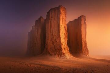 Sandstone arches rise majestically against a dusky sky illuminated by warm hues and dramatic lighting