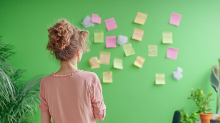 Collaborative brainstorming session in modern office with green accent wall