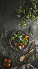 Photo of a plate with caprese salad beautifully served on a matte stone plate, dark and moody, local farm products
