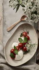 Photo of a plate with caprese salad beautifully served on irregulary shaped rhand-thrown ceramic plate with an earthy glaze, eco-style, local farm products