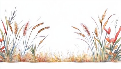 Vibrant illustration of diverse grasses and plants swaying gently in a serene landscape, evoking tranquility