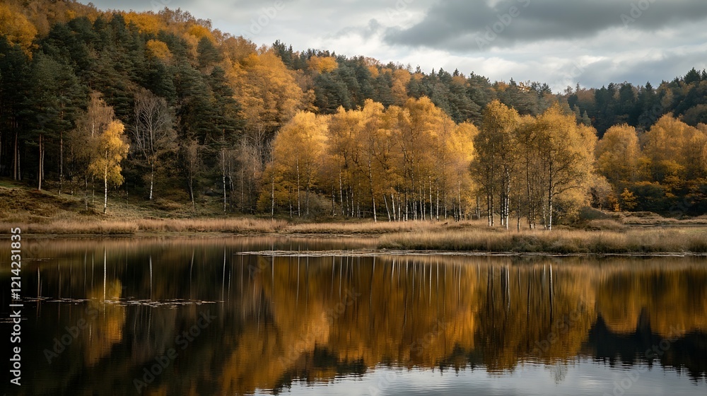 Poster Scenic landscape view of a serene forest with autumnal trees reflecting in a calm lake : Generative AI