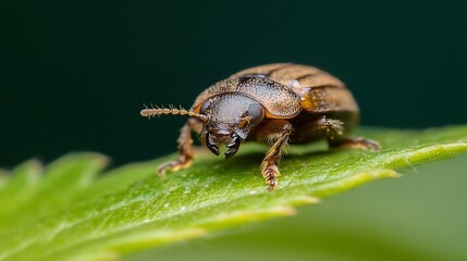 Fototapeta premium Macro View of Beetle on Green Leaf with Detailed Body Structure : Generative AI