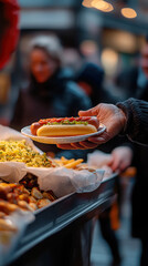 Street food vibes: vendor offering delicious hotdog to customer in bustling market scene