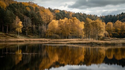 Fototapeta premium Scenic landscape view of a serene forest with autumnal trees reflecting in a calm lake : Generative AI