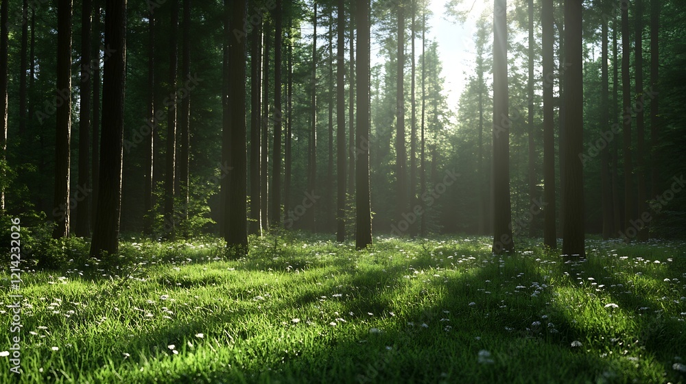 Poster sunlit forest with tall trees and lush greenery for tranquil nature retreat : generative ai