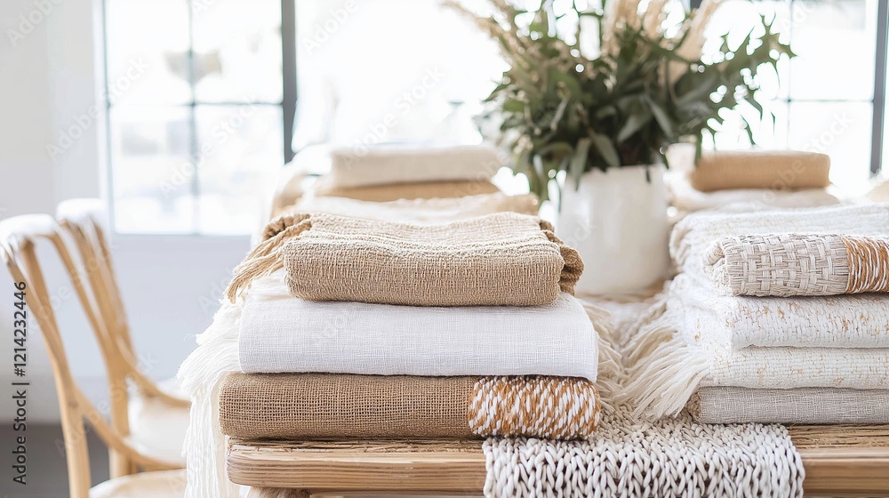 Poster organic textiles showcase featuring hemp and natural fibers arranged on a rustic table with greenery