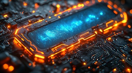 Futuristic glowing circuit board with digital data.