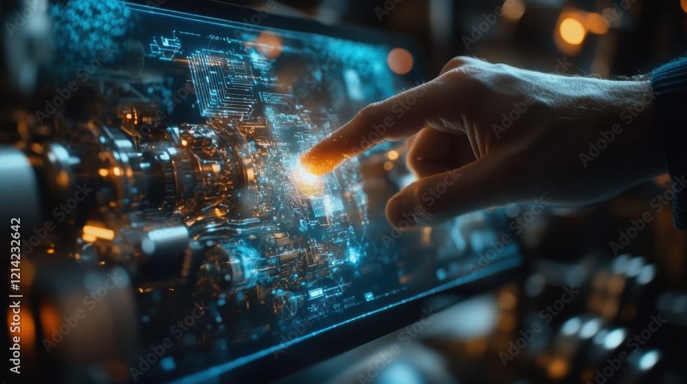 Poster engineer uses a holographic interface with his finger, analyzing and interacting with the intricate 