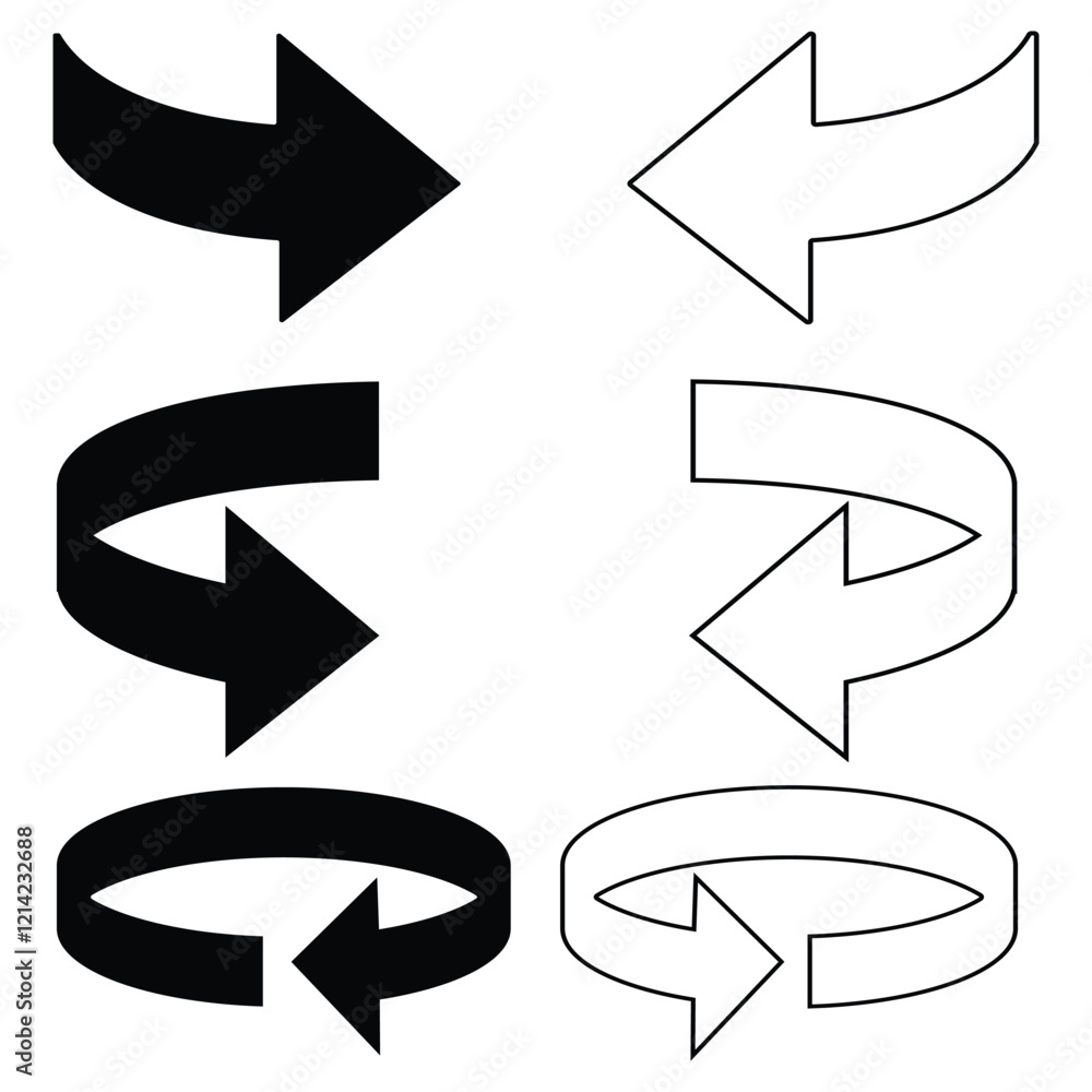 Poster 360 degrees arrow, curved arrows. rotate around set icon. black arrows set. rotate cycle, circular m